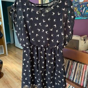 Cute birds on black shirt with fitted waist